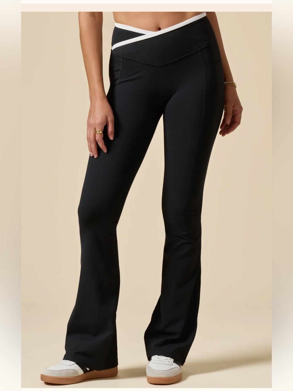 POPFLEX Black Flare Leggings with Contrast Waistband